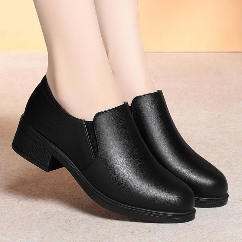 Genuine Leather Soft-Soled Fleece-Lined Deep-Cut Work Shoes for Women, Black Formal Leather Shoes, Chunky Heel Work Shoes, Women's Shoes for Autumn and Winter