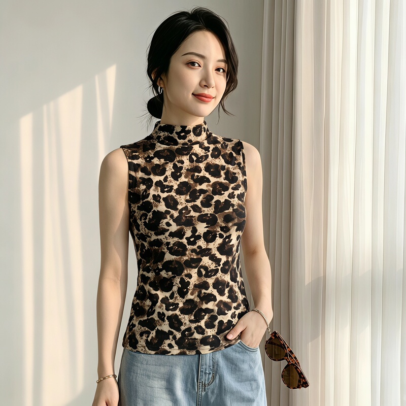 European Retro Half-High Collar Leopard Print Sleeveless Vest for Women 2026 Summer and Autumn New Slim Fit Inner Wear Outerwear Top