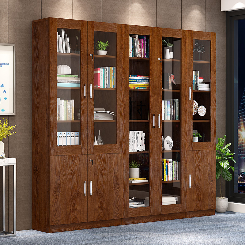 Office file cabinet Wooden office data file cabinet with glass bookcase with lock Household storage storage cabinet