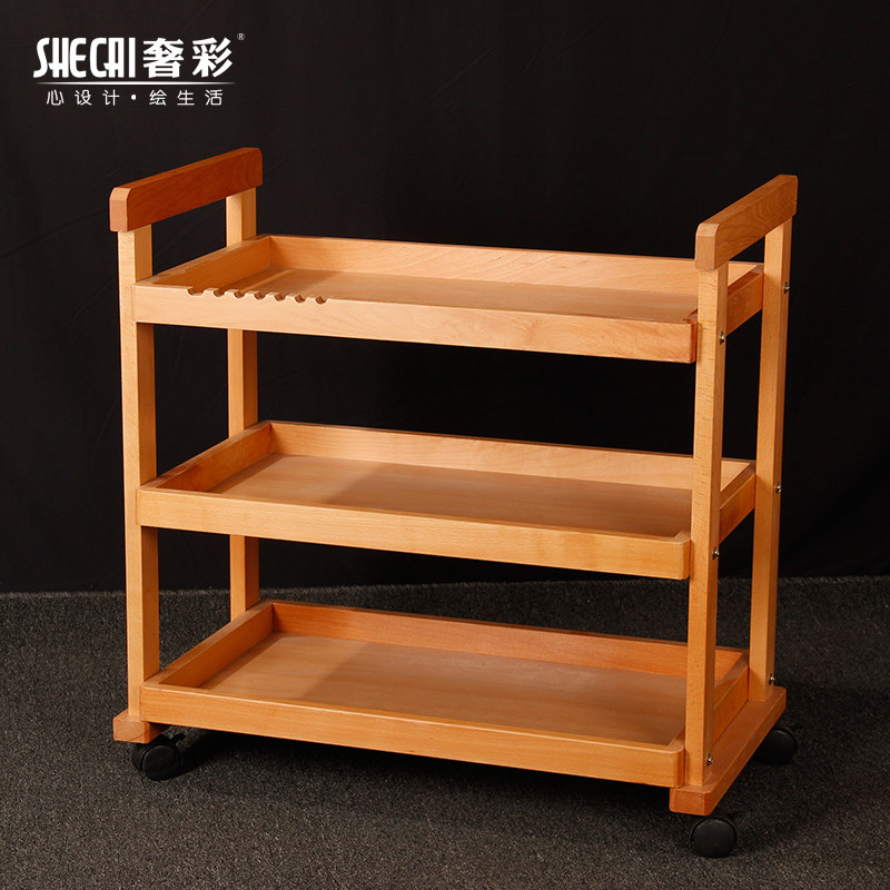 (Official)Luxury color red beech painting car three-layer four-layer oil painting car multi-function storage painting cabinet storage rack tool car solid wood mobile color grading car art supplies wholesale