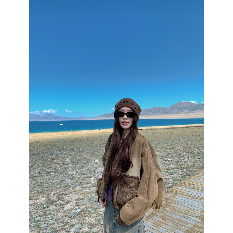 Xiaojunjun Britney Mocha Cocoa/Retro Denim Style Patchwork Color-Blocking Washed Shell Embroidery Jacket