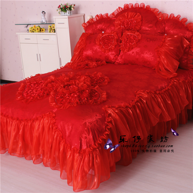 Hồng satin bông denim Hàn Quốc phiên bản của bông công chúa gió ren chăn 1.8m mới miễn phí vận chuyển 4 bộ - Bộ đồ giường bốn mảnh chăn ga gối đệm giá rẻ