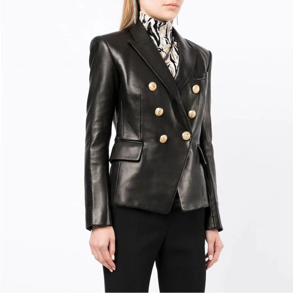 2023 Autumn New European and American High-End Fashion Classic Suit Lion Button Women's Leather Jacket Trendy Slim Fit