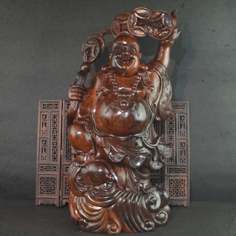 Laos big red acid stick laughing Buddha wood carving Maitreya Buddha living room porch decoration Chinese hand-carved Buddha statue craft gift decoration