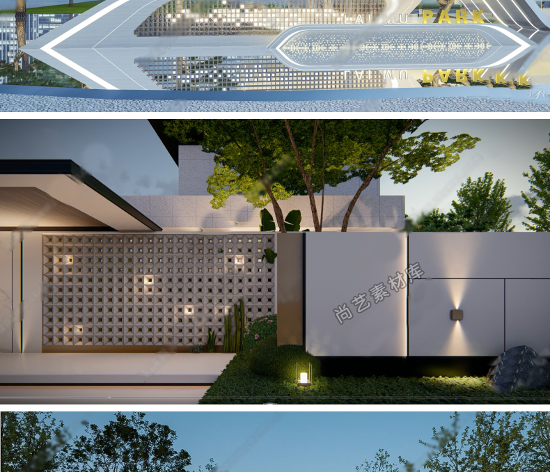 图片[9]-现代景墙围墙简约流水景墙格栅景墙透光板穿孔板造型景观墙SU模型-cg男孩
