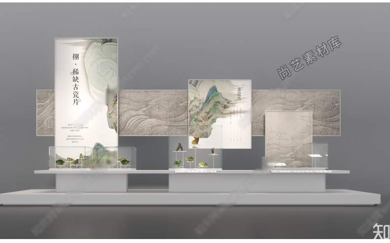 草图大师中式展柜瓷器展示柜SU模型通柜展示台商场展示柜组合SU模-cg男孩