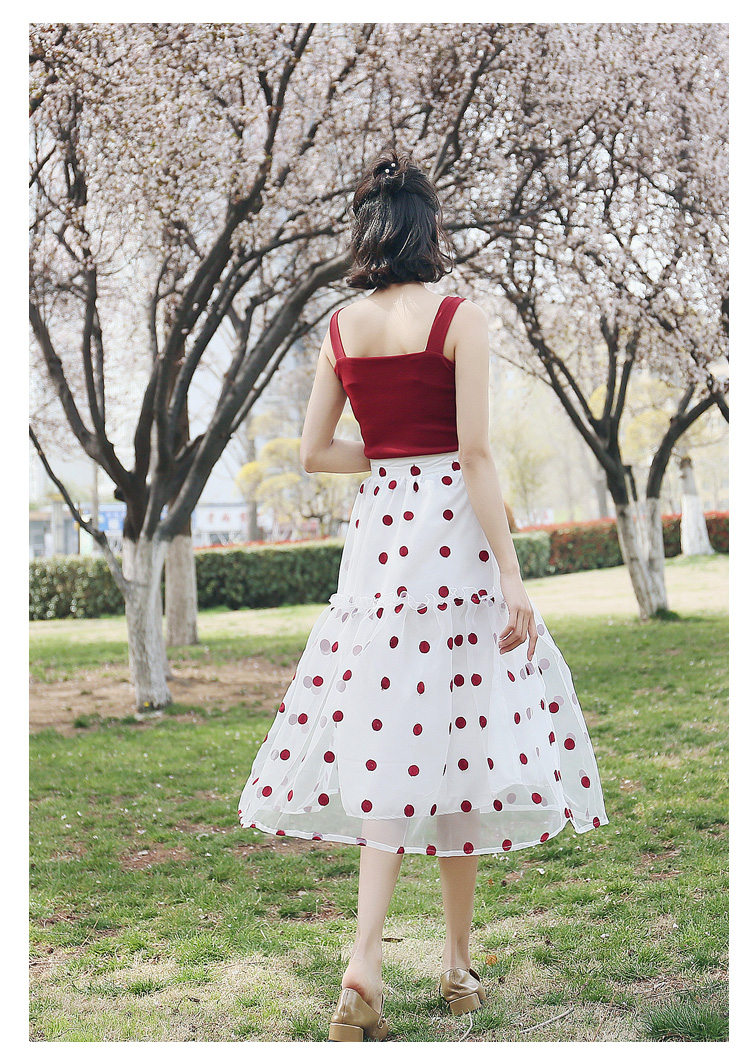 Váy chấm bi nữ dài lưới đỏ eo cao Váy dài mùa xuân 2019 Mới Retro Net đỏ - Váy chân váy hoa dáng dài