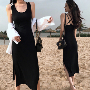 Chic retro gió lạnh váy mùa hè 2020 mới váy dài đến đầu gối eo mỏng mỏng váy đen khí chất - Sản phẩm HOT