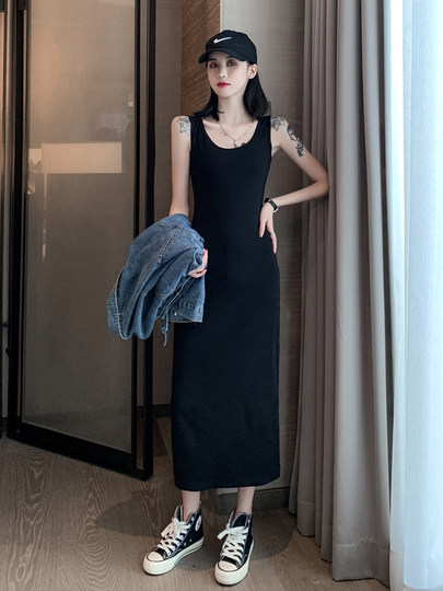 Black suspender skirt high-end skirt 2025 new women's sleeveless vest dress slim suspender dress long autumn