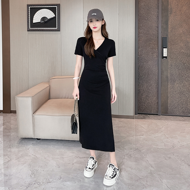 Black V-Neck Dress for Women 2026 Spring and Summer New Style Slim Fit High-End French Style Hip-Hugging Skirt with Slit Long Skirt