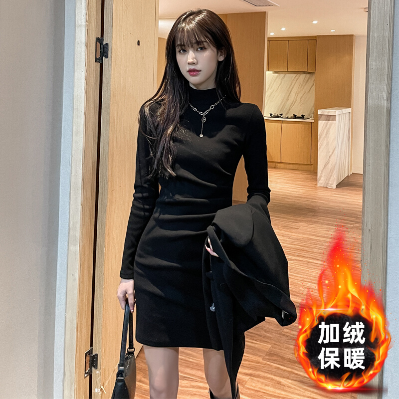 Black inner lap dress dress female half height collar Long sleeves Knitted Bag Hip Skirt Temperament with a bottom skirt Autumn Winter-Taobao