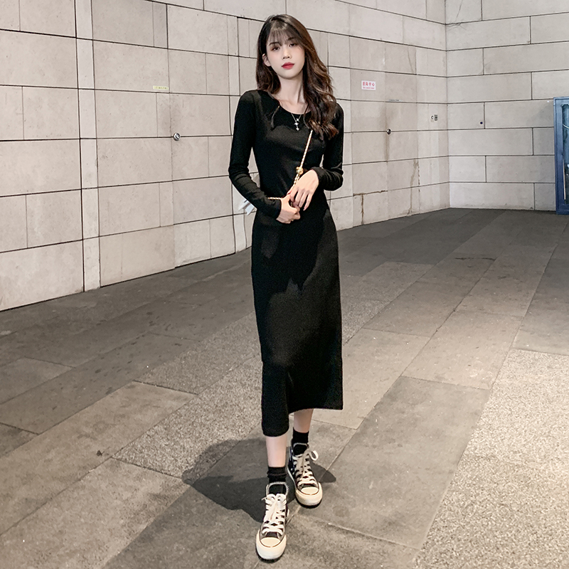 Black Knit One-piece Dress Fall 2023 New Women's Dress Inside Hitch Bottom Fit Winter Worthy Dresses Dresses Long-Taobao