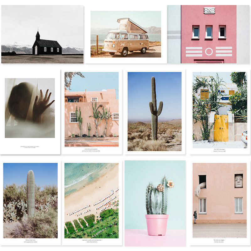 Nordic Wind Painting Core Decoration Painting A4 Set Green Plant Marine Bus Iceland Teenage Girl Lukewarm Photo Props