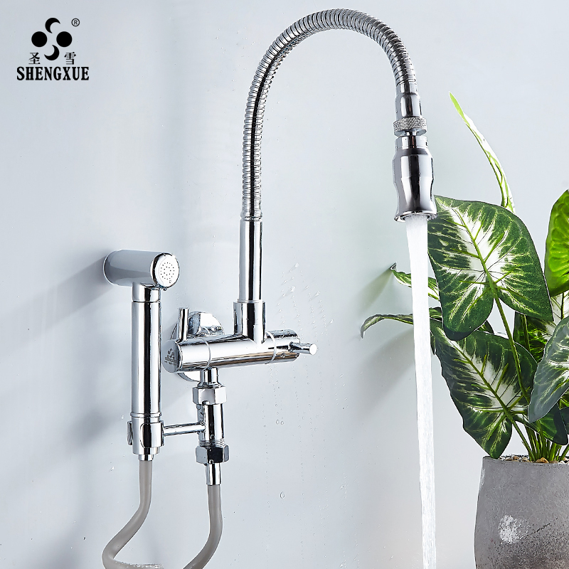 One-in-two-out lengthened wall-type washing machine tap universal rotatable single-cold three-way mop pool tap