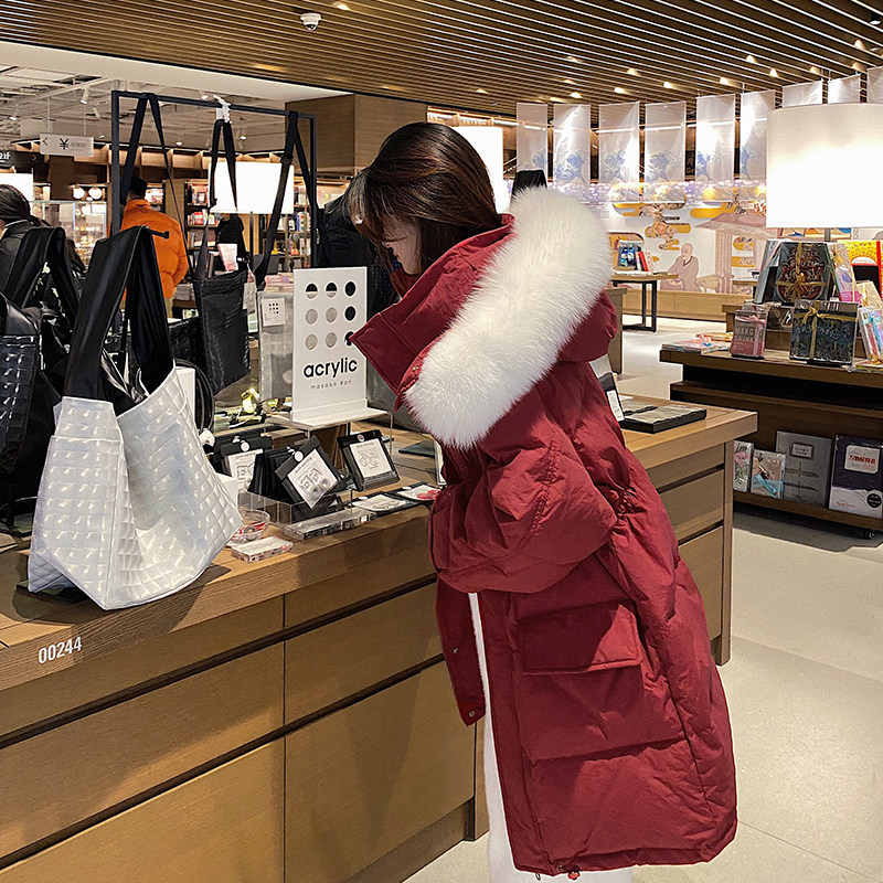 Fei'er wine red down jacket women's 2021 new Korean version big fur collar hooded loose mid-length version over the knee thickening