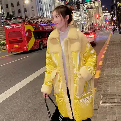 Concubine yellow bright face light down jacket women 2021 New Korean version of long version over the knee loose fashion no wash