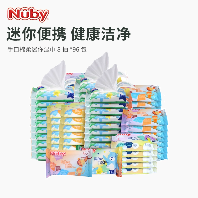 Khăn ướt mini cho bé Nuby túi nhỏ khăn lau miệng cho bé khăn ướt khăn giấy ướt xách tay 8 máy bơm 96 gói - Khăn ướt