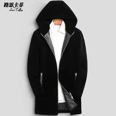 Sheep shearing men's wool fur Haining leather leather clothing medium and long version hooded fur one-piece men's coat jacket