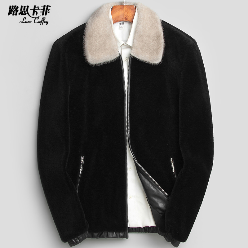 New sheep shearling fur one men's genuine leather jacket short lapel men's wool fur men's mink coat