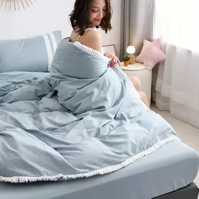 ins Nordic style pure cotton wash cotton four-piece tassel style quilt cover simple sky blue sheet girl Heart 4 summer