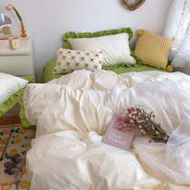 ins cream color color color wash cotton four-piece cotton girl heart color ruffle solid color quilt cover 1 8 bedding