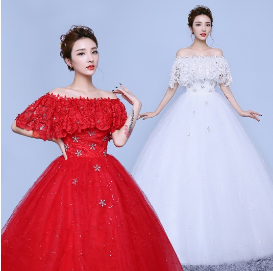 Retro red wedding shoes for bride, 2023 collection, Korean style, tutu skirt, open shoulders, fitted Retro red wedding shoes for bride, 2023 collection, Korean style, tutu skirt, open shoulders, fitted