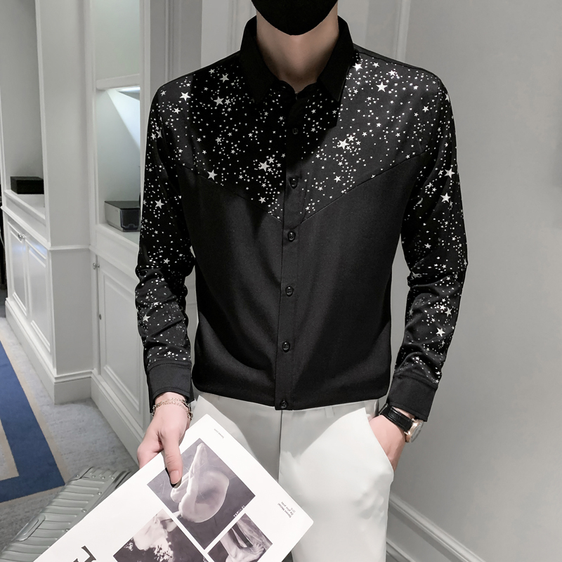 2025 Spring and Autumn Men's Five-Pointed Star Sequin Patchwork Long-Sleeve Shirt Trendy Slim Fit Shiny Casual Shirt Men's Clothing