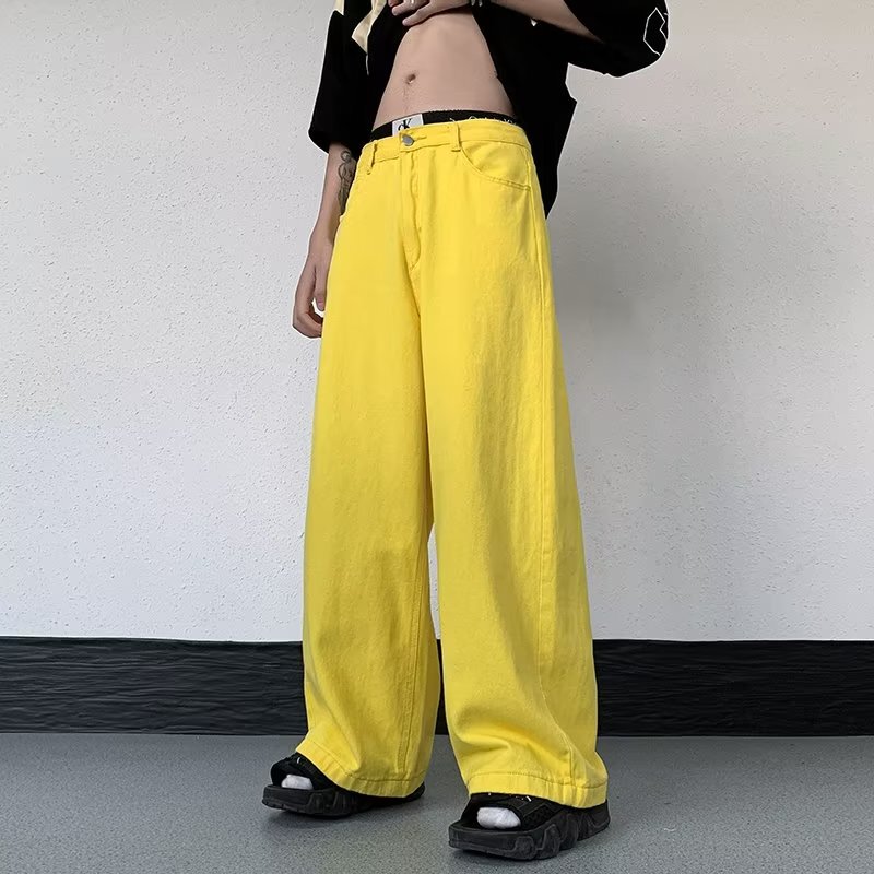 American Retro Autumn Colorful Wide-Leg Loose Youth Jeans for Men, Yellow Straight-Leg Casual Denim Long Pants
