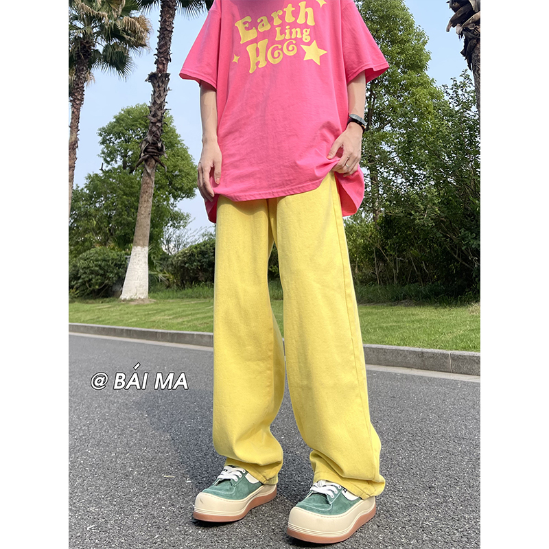 American Retro Colorful Jeans for Men, Spring and Summer Dopamine Versatile Yellow Jeans, Straight-Leg Casual Trousers
