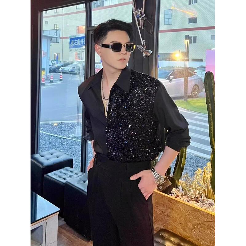 2025 Spring and Autumn Men's Casual Long Sleeve Shirt Trendy Sequin Patchwork Loose Shiny Shirt Men's Top Men's Clothing
