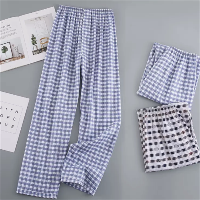 Summer Thin Cotton Pajama Pants for Men, All-Cotton, Plus Size, Loose Casual Plaid Long Pants, Home Pants with Placket Summer Thin Cotton Pajama Pants for Men, All-Cotton, Plus Size, Loose Casual Plaid Long Pants, Home Pants with Placket