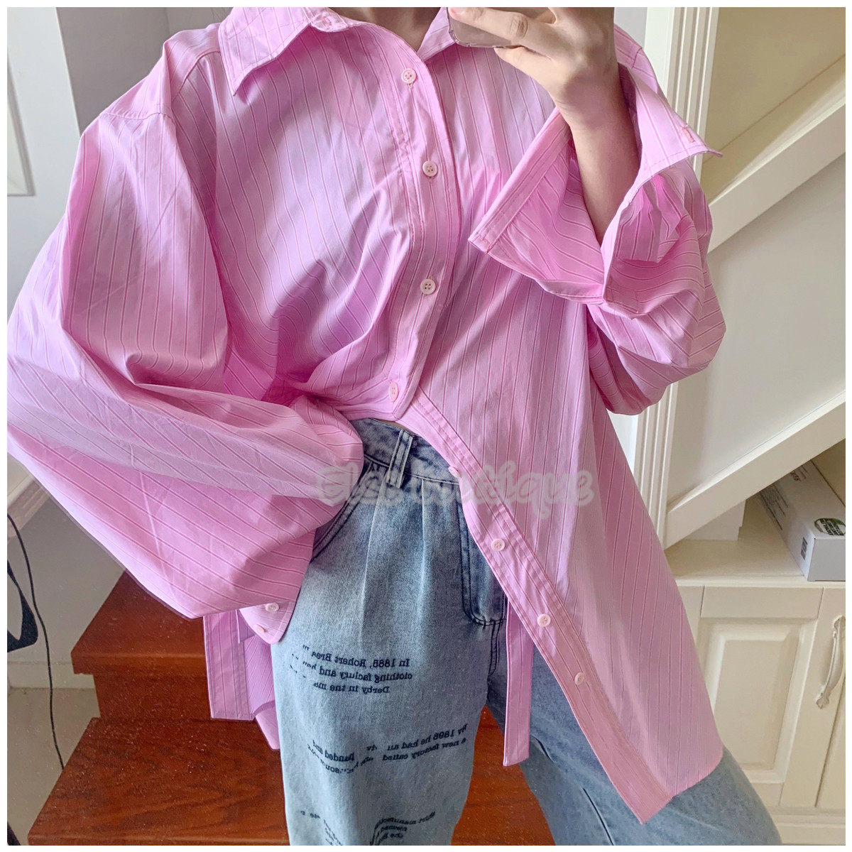 AUTHORIZED SPOT THREE QUARTERS PINK SLING STRAPLESS STRIPED LOOSE SHIRT