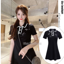 Eimismosol new polo collar spot water drill butterfly knot in black and white parquet dress