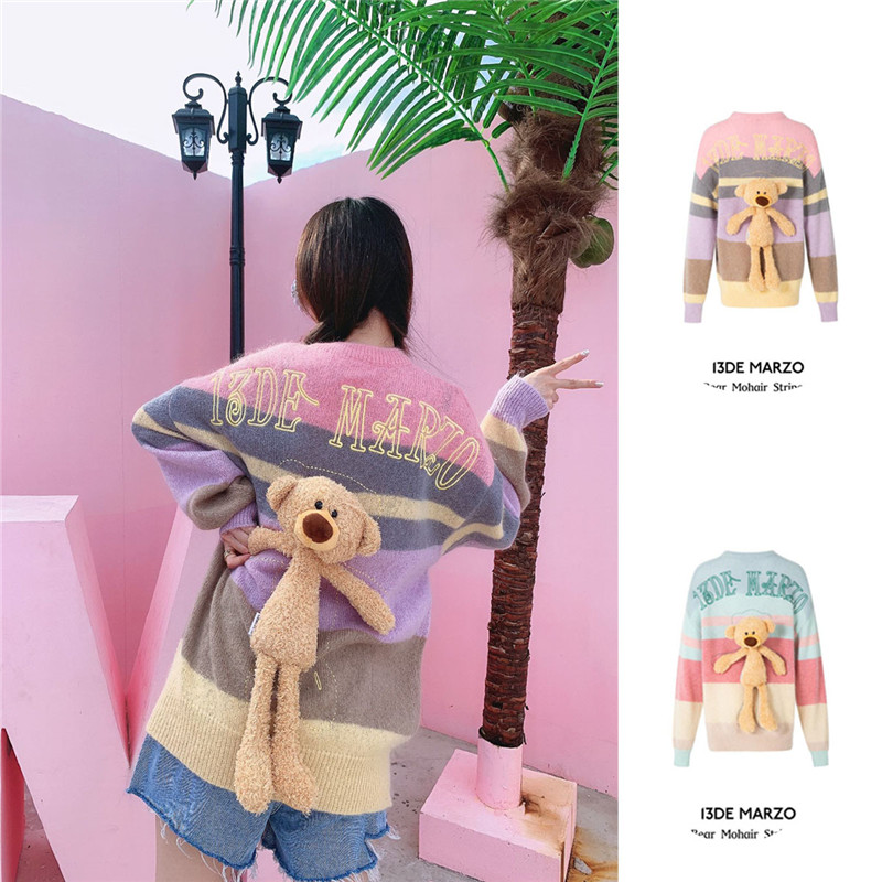 Chen Yichan with the same paragraph 13 De Marzo striped Rainbow Behind the solid small Bear Horse Hairy sweater 20 new-Taobao