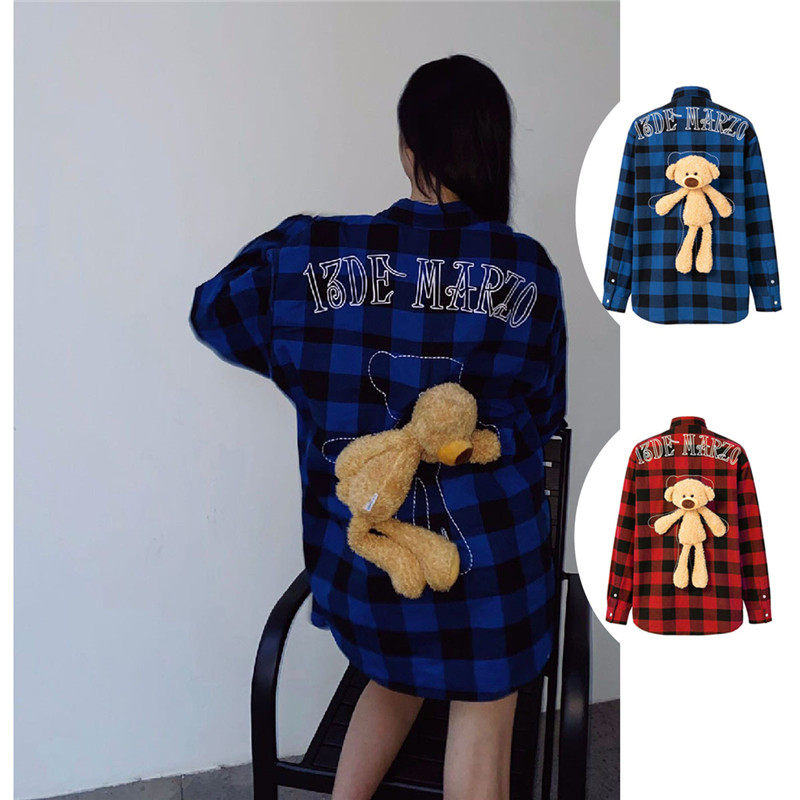 13 DE MARZO designer 100 hitch back letter small bear doll grid long sleeve shirt autumn winter new