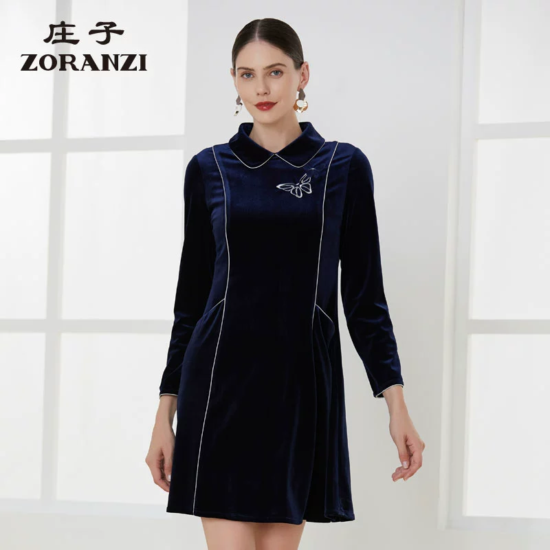 ZORANZI Zhuangzi Dài Tay Áo Váy Dài Giữa Một Mảnh Đi Làm Mô Hình Trừu Tượng Váy Thu Đông Phụ Nữ WDM31122 - Váy dài