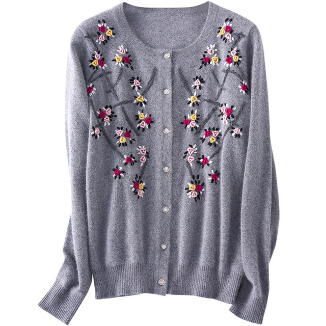 Spring, autumn and winter women's new fashion style pure hand-embroidered embroidered cashmere knitted cardigan sweater jacket