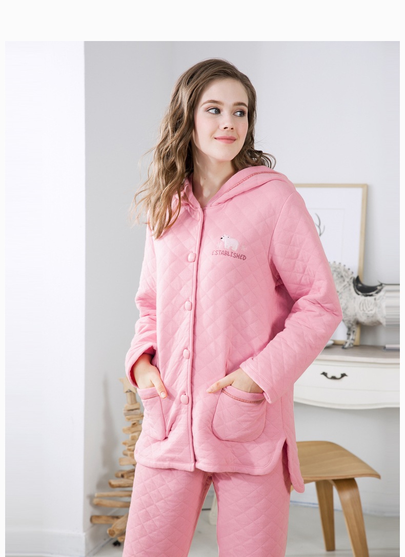 Mỹ tiêu chuẩn mùa thu và mùa đông quilted đồ ngủ nữ ấm áp trùm đầu gác lửng phim hoạt hình dài tay áo len nữ dịch vụ nhà có thể được mặc áo ngủ nữ