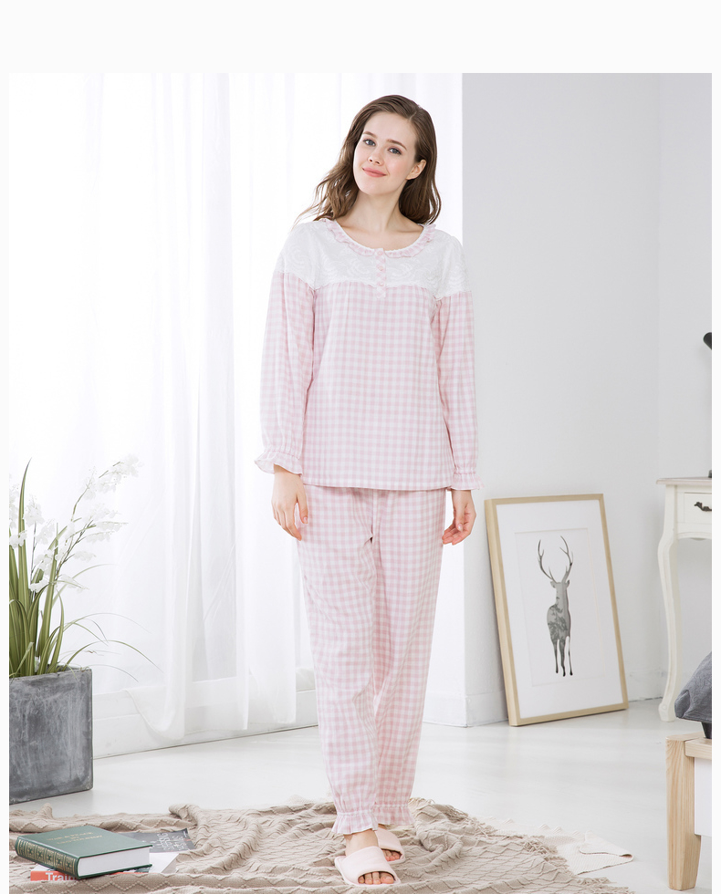 Bộ đồ ngủ cotton mới của Mỹ tiêu chuẩn cotton nữ kẻ sọc dài tay ngọt ngào mùa thu và mùa đông mỏng phần nhà dịch vụ hai mảnh bộ đồ ngủ