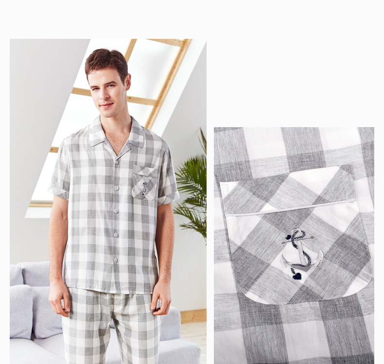 Tiêu chuẩn Mỹ 2018 mùa hè dệt bông quần ngắn tay đồ ngủ nam cotton kẻ sọc đơn giản giản dị dịch vụ nhà đồ mặc nhà