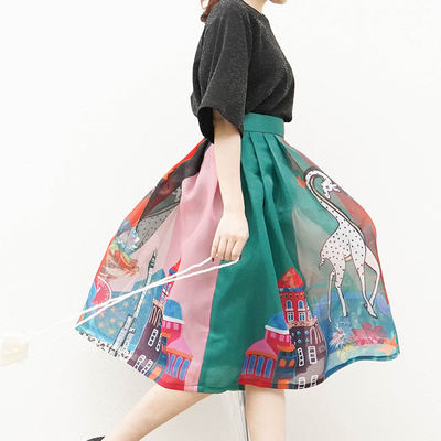 Organza A-line skirt, mid-length spring and summer new printed umbrella skirt, retro high-waisted puffy skirt, pleated skirt