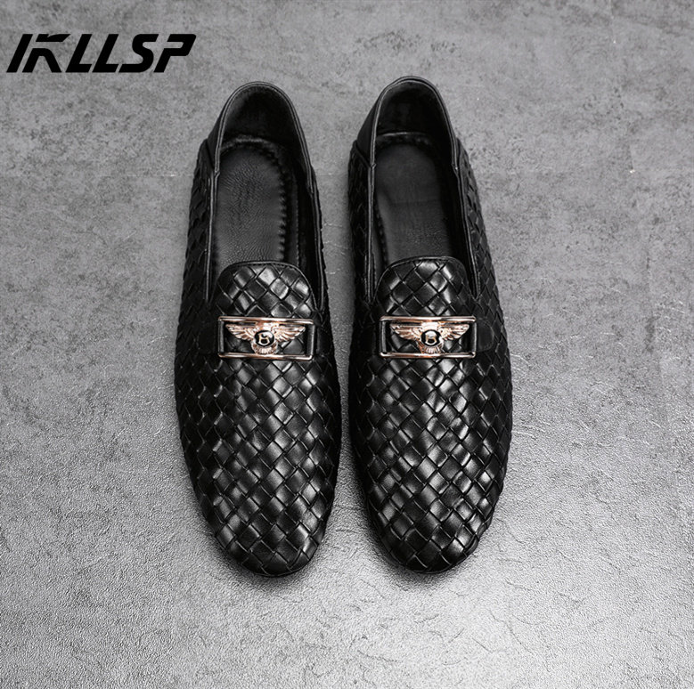 Male Bean Shoes Genuine Leather Black Sloth a foot pedal Woven Summer Breathable Casual Daily European Station Shoes