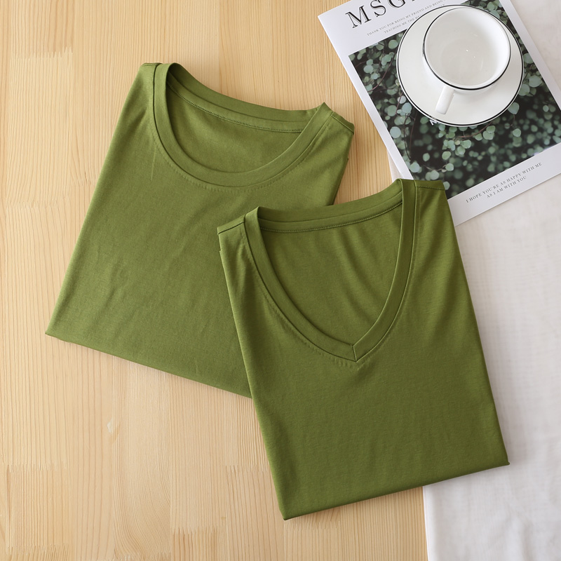 80-count mercerized cotton V-neck ice silk short-sleeved T-shirt Amoi women's avocado green pure cotton round neck slimming solid color top