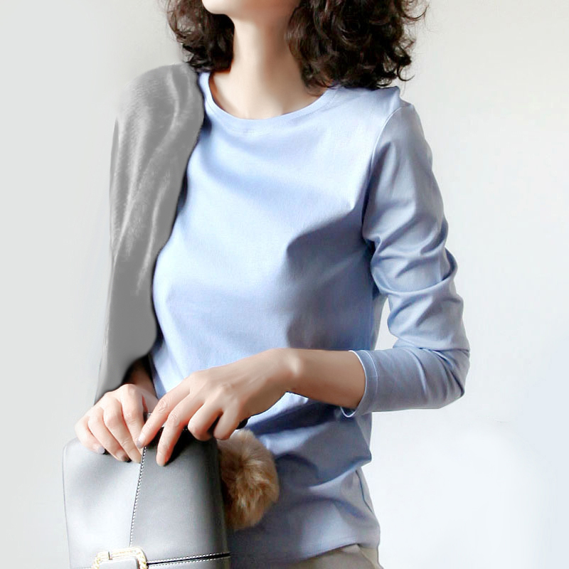 All-match women's 80-count double-sided mercerized cotton long-sleeved T loose slim solid-color bottoming shirt round neck V-neck basic model