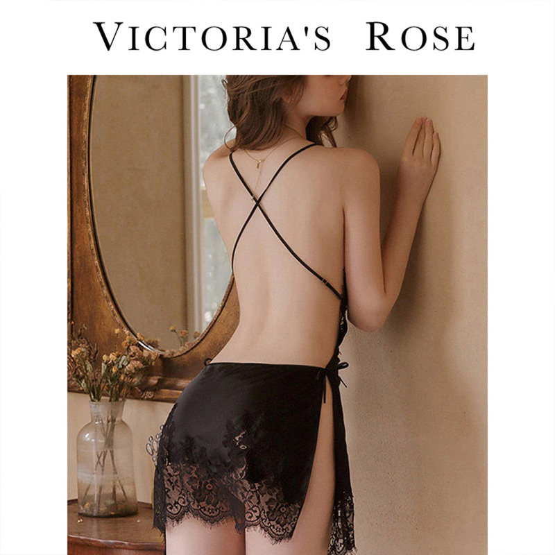Victoria Ice Silk Sexy Pajamas for Women 2026 New Black Lace Small Chest Pure Desire Style Silk Camisole Nightdress