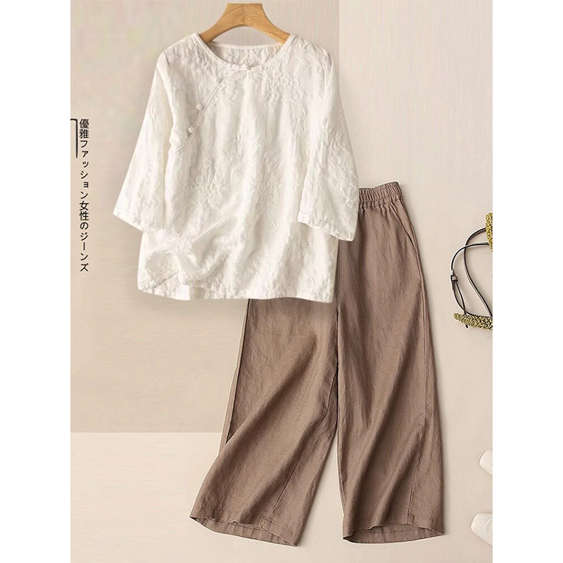 European Style New Chinese-Inspired Cotton and Linen Suit for Women 2026 New Summer Linen Three-Quarter Sleeve Top Two-Piece Set Trendy European Style New Chinese-Inspired Cotton and Linen Suit for Women 2026 New Summer Linen Three-Quarter Sleeve Top Two-Piece Set Trendy