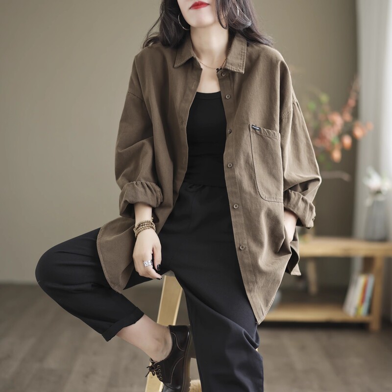 European Style Pure Cotton Shirt for Women, New 2026 Fashionable Design, Spring and Autumn Large Size Mid-Length Coat