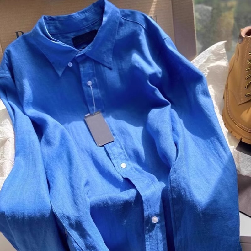 European Klein Blue Shirt for Women 2026 New Spring, Summer, Autumn Vintage Hong Kong Style Sun Protection Cotton and Linen Long-Sleeved Top