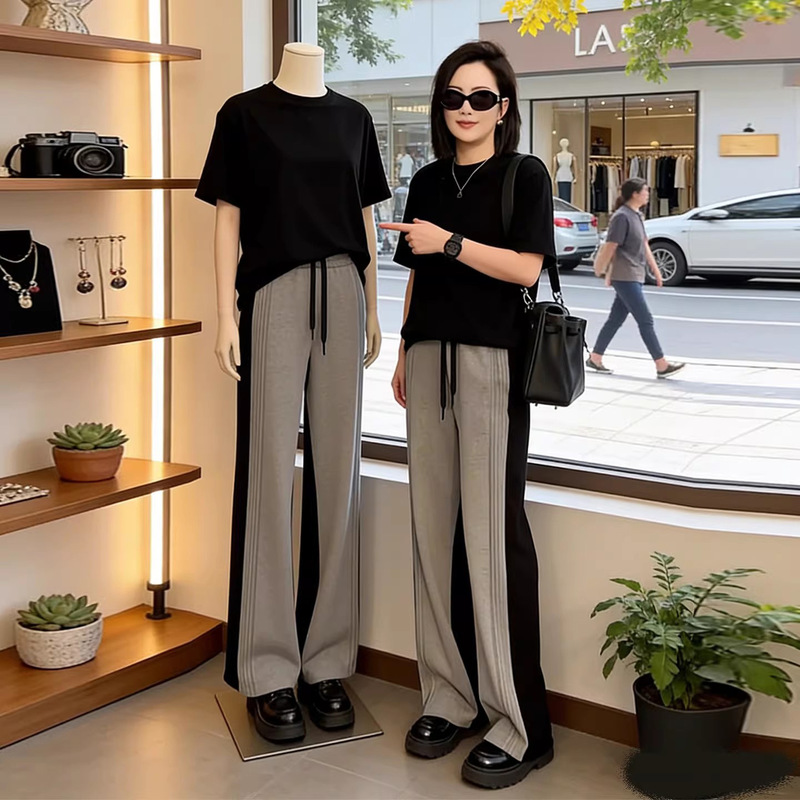 European Style Casual Sports Suit for Women 2026 New Summer American Style Black Lazy T-Shirt and Wide-Leg Pants Two-Piece Set