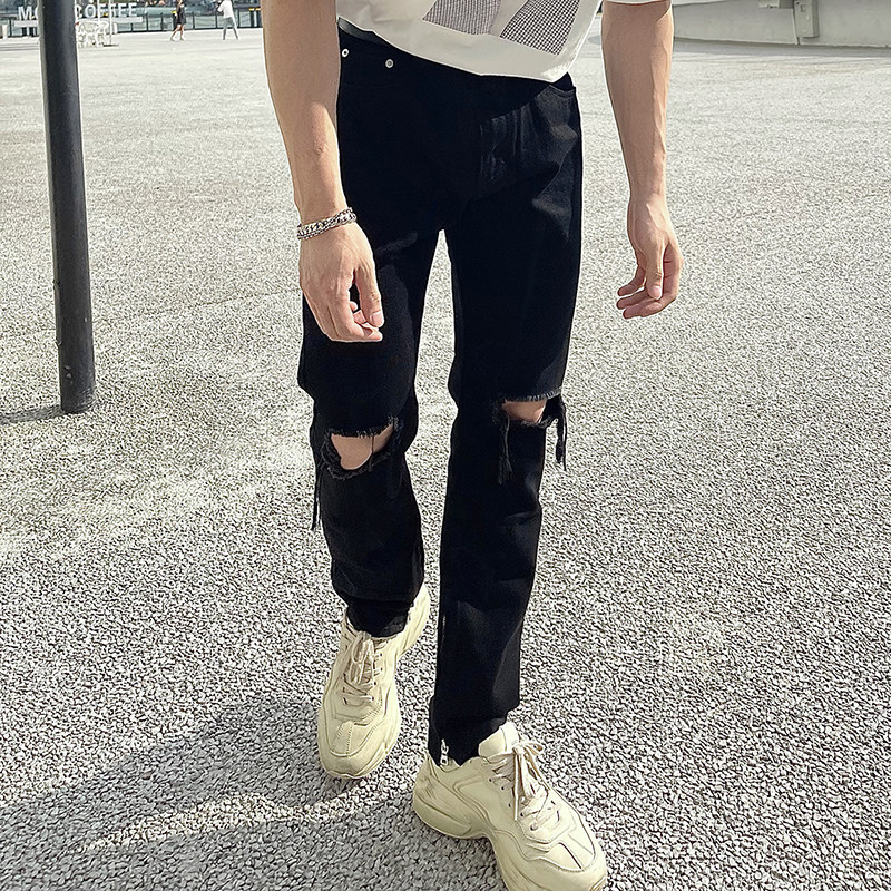Broken Hole Jeans Men's Boomer Summer Sashimi Sports Casual Retro High Street Trends Small Feet Black Fitness Trousers
